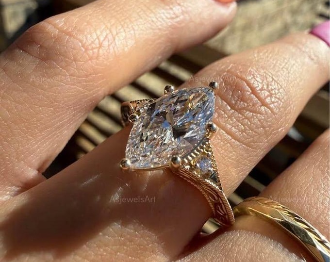 Featured listing image: 3 Ct Marquise Lab Grown Diamond Engagement Ring: Vintage Art Deco Gold Band