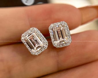 2.40 TCW Emerald Cut Halo Lab Grown Diamond Earrings | E VVS2 Certified Lab Grown Stud Earrings | Halo Earrings