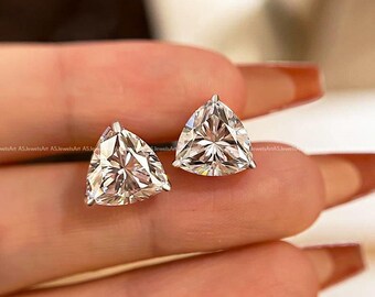 2 TCW Trillion Cut Lab Made Diamond Stud Earrings / Hidden Halo Lab Grown Diamond Anniversary Earrings / E-VS1