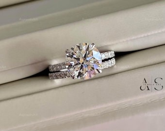 Round Cut Lab Grown Diamond Hidden Halo Wedding Ring Set, IGI Certified Engagement Ring With Full Eternity Band, Handmade Bridal Jewelry