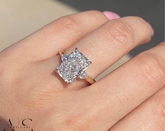 3.5 Carat Radiant Cut Lab Grown Diamond Three Stone Engagement Ring / Side Pear Cut / 18k Yellow Gold / IGI Certified