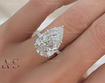 Hidden Halo Engagement Ring Genuine Pear Diamond Ring Real Lab Grown Pear Diamond Ring Unique Anniversary Ring for Her Simple Pave Set Ring