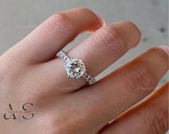 2 Carat Round Cut Lab Grown Diamond Engagement Ring / Pavé Side Stones & Hidden Halo / IGI Certified / 14k White Gold