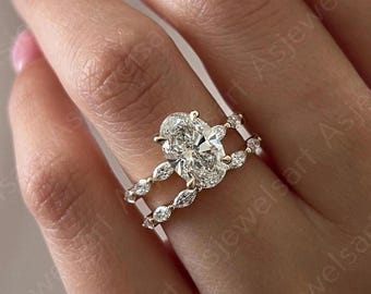 4 carat IGI CERTIFIED E/VVS2 Oval Cut Lab Diamond Hidden Halo Engagement Ring & Marquise Diamond Matching Band Set , 14k Gold
