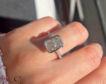 Radiant Cut Lab Grown Diamond Accent Ring, 14K Gold Bezel Set Engagement Ring For Wedding Gift, Radiant Diamond Ring With Round Side Stone