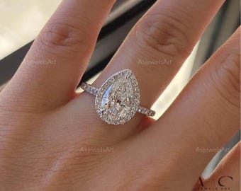 Pear Diamond Halo Engagement Ring with Pave Setting, IGI Certified Lab Grown Diamond Wedding Ring, Graduated Halo Pear Diamond Ring for Her