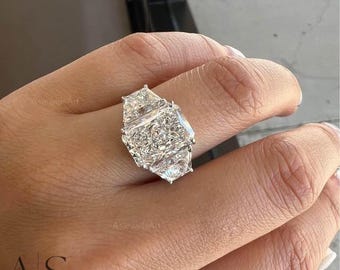 3.3 CT Radiant Cut Lab Grown Diamond Three Stone Engagement Ring, Trapezoid Side Stone Ring, IGI Certified Bridal Gift For Her