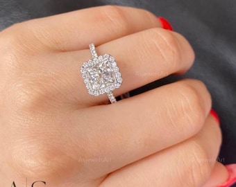 Halo Engagement Ring Princess Cut Diamond Ring for Women Genuine Lab Grown Diamond Ring Square Diamond Ring for Anniversary Gifts Pave Ring