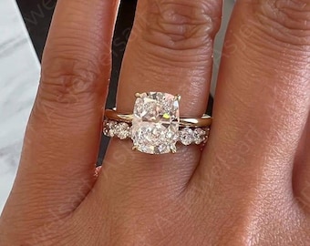 3 CT Elongated Cushion Cut Moissanite Engagement Ring Set 14K Solid Gold Anniversary Ring Set Full Eternity Round Cut Band Wedding Ring Set