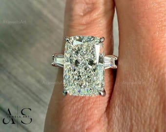 Elongated Cushion Cut Diamond Three Stone Engagement Ring | Side Tapered Baguette Lab Grown Diamond | Proposal, Anniversary Ring for Her