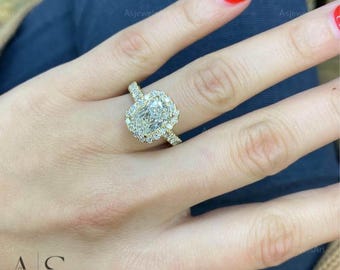Vintage Halo Engagement Ring with Radiant Cut Lab Grown Diamond, Pave Wedding Ring for Her, Handmade Anniversary Gift Ring for Women