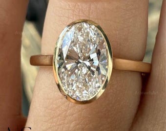 2 CT Oval Lab Grown Diamond Bezel Ring, Vintage Inspired Engagement Ring