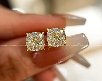 2 TCW Cushion Cut Lab Grown Diamond Solitaire Studs, Prong Set Wedding Earrings
