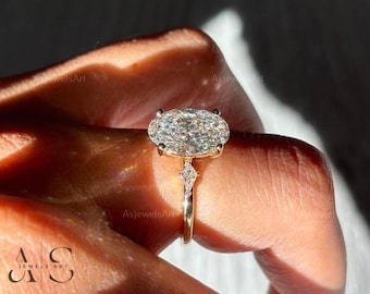 Oval Lab Grown Diamond Engagement Ring, Kite Side Stones, Handmade