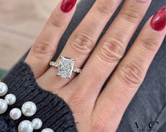 Radiant Cut Lab Grown Diamond Pave Engagement Ring, 4 Claw Prong Set Diamond Wedding Ring, Yellow/White/Rose Gold Promise Ring for Women