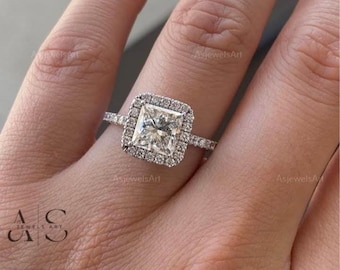 Halo 1.5 CT Princess Cut Lab Grown Engagement Ring, Halo Wedding Ring, Pave Diamond Band, Princess Halo Pave Style Engagement Ring.