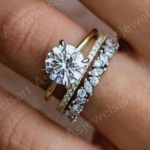 Anello di fidanzamento con moissanite taglio brillante rotondo, incastonato in pavé, fede nuziale abbinata, anello nuziale in argento sterling 925, set nuziale per donna