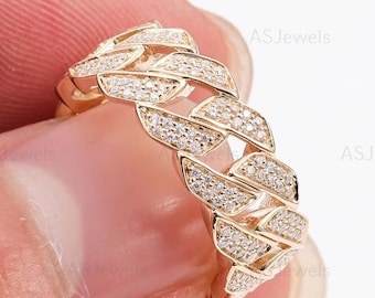 Lab Grown Diamond Cuban Link Chain Band, Pave Set Round Diamond Men's Band, 14K Yellow Gold Full Eternity Anniversary Band For Husband