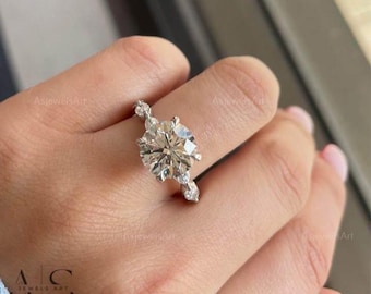3 CT Round Lab Grown Diamond Engagement Ring, Marquise Side Stone