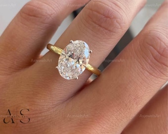 2CT Oval Lab Grown Diamond Hidden Halo Engagement Ring - 14K Gold