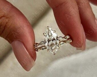 2 carat E Color VVS2 Clarity IGI Certified Marquise Cut Lab Grown Diamond Engagement Ring & Marquise Diamond Matching Band Wedding Set