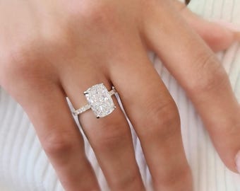 4CT Cushion Cut Moissanite Engagement Ring with Hidden Halo, Elongated Cushion Cut Ring, Pave Set Two Tone Engagement Ring in Solid Gold