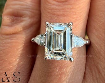 3.2 Carat IGI Certified E Color VVS2 Clarity Emerald Cut Lab Grown Diamond Engagement Ring, Three Stone Ring Side Pear Cuts 14k White Gold