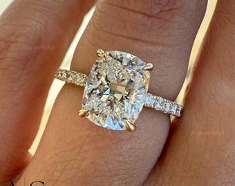 Elongated Cushion 2.5 carat IGI Certified E color VVS2 Clarity Cut Lab Grown Diamond Solitaire Hidden Halo Engagement Ring 14k Yellow Gold