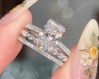 3CT Radiant Cut E-VVS2 Diamond Hidden Halo Ring, Round Full Eternity Pave Ring & Marquise And Round Diamond Full Eternity Band Ring Set