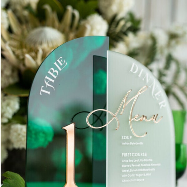 Green and Gold Acrylic Table Number and Menu Combo Wedding Table Decor - Wedding Signage - Table Signs - Table Numbers