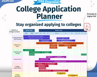 May include: A printable college application planner for the 2024-2025 school year. The planner is divided into sections for college research, admissions plans, standardized testing, financial aid, college applications, and college decisions. The planner includes a timeline for each section, with key deadlines and tasks.