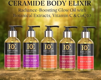 Ceramide Body Elixir – Radiance-Boosting Glow Oil with Botanical Extracts, Vitamin C & CoQ10 | Luxurious Moisturizer for Glowing Skin | 4oz