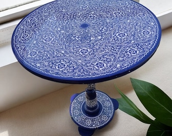 Hand-Painted Blue Paisley Wooden Round Table: Artistic Elegance for Your Home, Table for Living Room and Bedroom