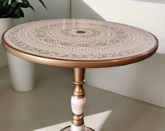 Hand-Painted white  Paisley Wooden Round Table: Artistic Elegance for Your Home, Table for Living Room and Bedroom