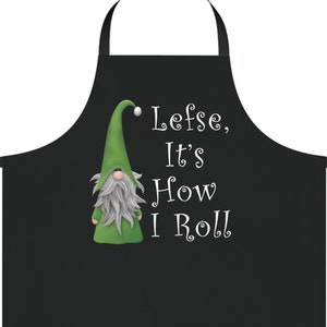 Lefse, It's How I Roll schort met groene kabouter Zwart, lefse schort, Noors kookgerei, Noorse kabouters, Scandinavisch Noorwegen, Kerstmis
