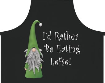 I'd Rather Be Eating Lefse Black Apron, Green Gnome, lefse apron, Norwegian cookware, Norwegian gnomes, Scandinavian Norway, Christmas