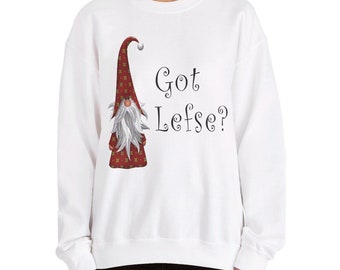 ¿Tienes Lefse?, Sudadera blanca, Gnomo rojo, sudadera lefse, utensilios de cocina noruegos, gnomos noruegos, Noruega escandinava, Navidad