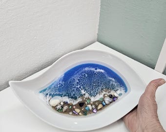 Bandeja grande de resina oceánica para todo uso: plato de cerámica con conchas de arena costera
