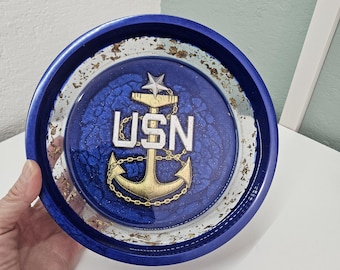 Cuenco de resina para jefe de la Marina, hecho a mano, en azul, dorado y con diseño de ancla