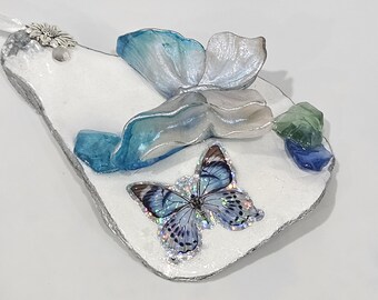 Handmade Butterfly Resin Ornament | Blue Garden Hanging Decoration | Floral Sunflower Accent | Unique Nature Lover Gift