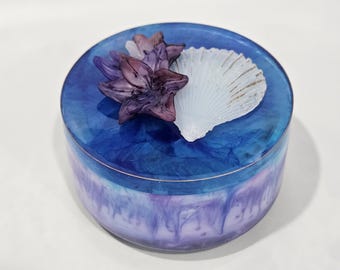 Handmade Resin Jar with Lid, Seashell and Floral Trinket Box, Jewelry Holder, Decorative Keepsake Storage