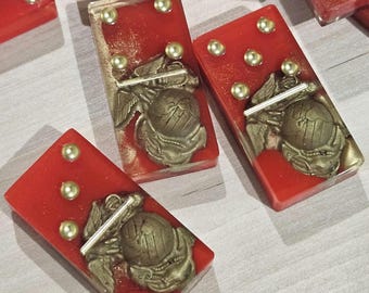 Handmade USMC Dominoes Set: Resin Double Six, Military Veteran Gift