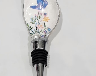 Butterfly Oyster Shell Wine Stopper | Handmade Floral Bottle Stopper | Coastal Barware | Wine Lover and Hostess Gift