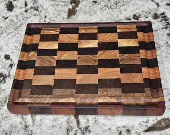 Handmade End Grain Cutting Board, Walnut Maple Mahogany, Juice Groove