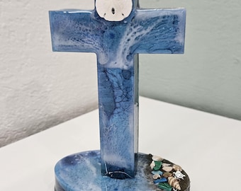 Handmade Resin Cross | Coastal Christian Decor with Shells