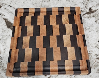 Handmade End Grain Maple Walnut Cutting Board, Juice Groove, Handles