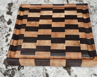 Handmade End Grain Maple Walnut Cutting Board, Juice Groove, Handles