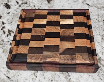 Handmade End Grain Walnut Maple Cutting Board, Juice Groove, Handles