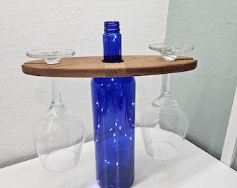 Portabotellas de madera y vidrio hecho a mano: soporte de caoba y roble blanco