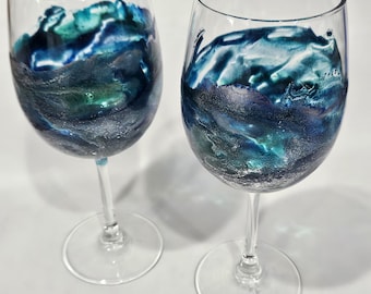 One-of-a-Kind 12 oz Stemmed Wine Glass Set, Set of 2, Hand-Poured Food-Safe Resin Glasses, Handmade Drinkware